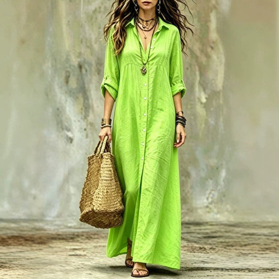 Shirt-collar Floor-length Casual Simple Long Dress 