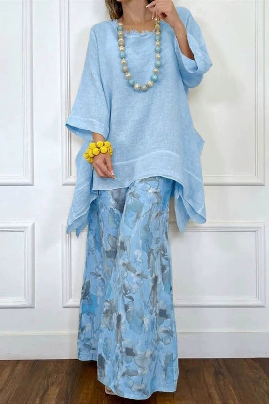 Womens Casual Cotton-Linen Irregular Top And Wide-Leg Pants Set 