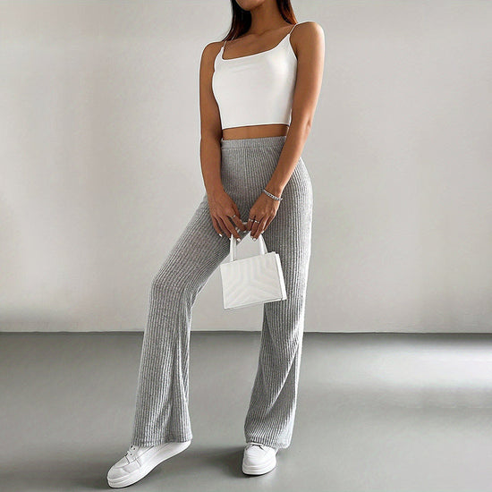 Women's Solid Color Rib-Knit Jogger Pants, Casual Stretch Pull-On Trousers For Spring And Fall 