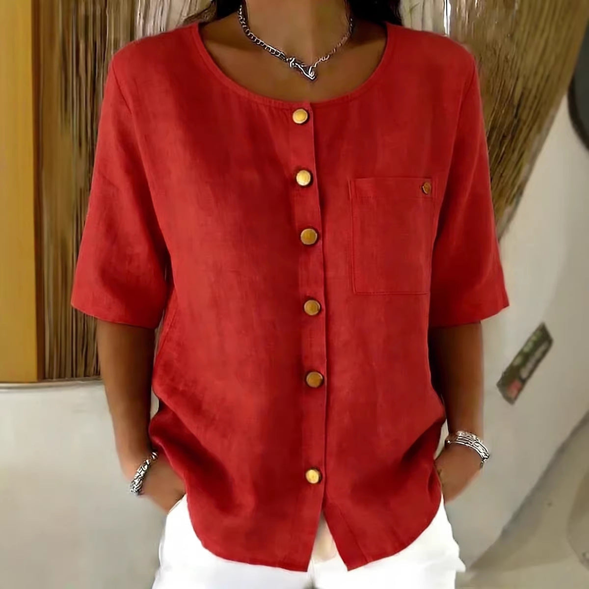 Womens Crew-Neck Shirt With Metal Buttons And Three-Quarter Sleeves 