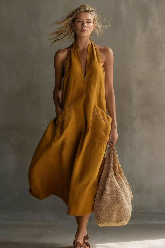 Casual Retro V-Neck Slip Linen Dress 