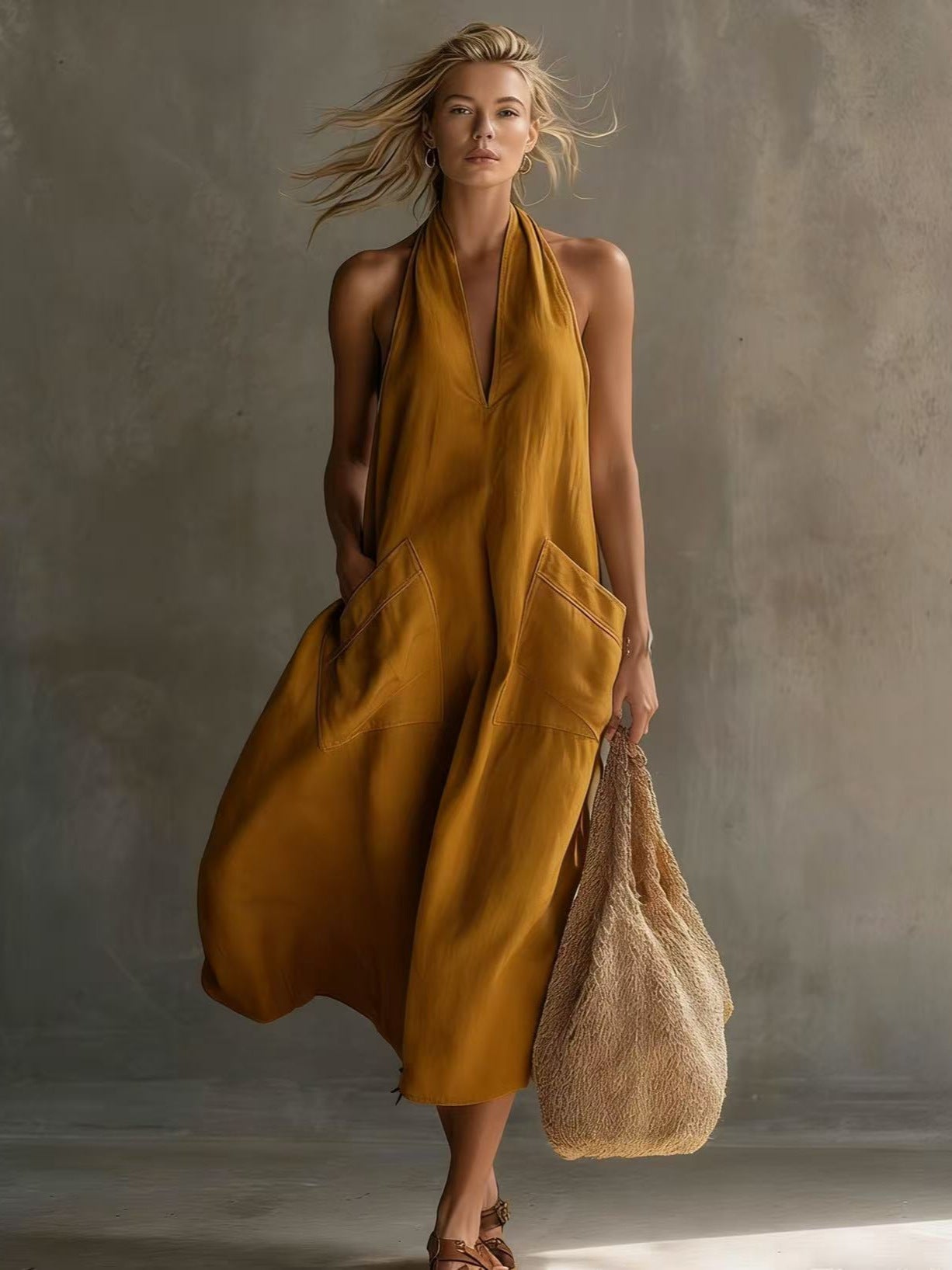 Casual Retro V-Neck Slip Linen Dress 