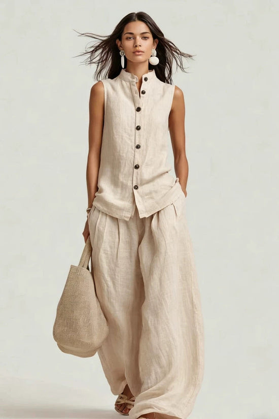 Stand-up Collar Sleeveless Shirt And High-waisted Wide-leg Pants Set 