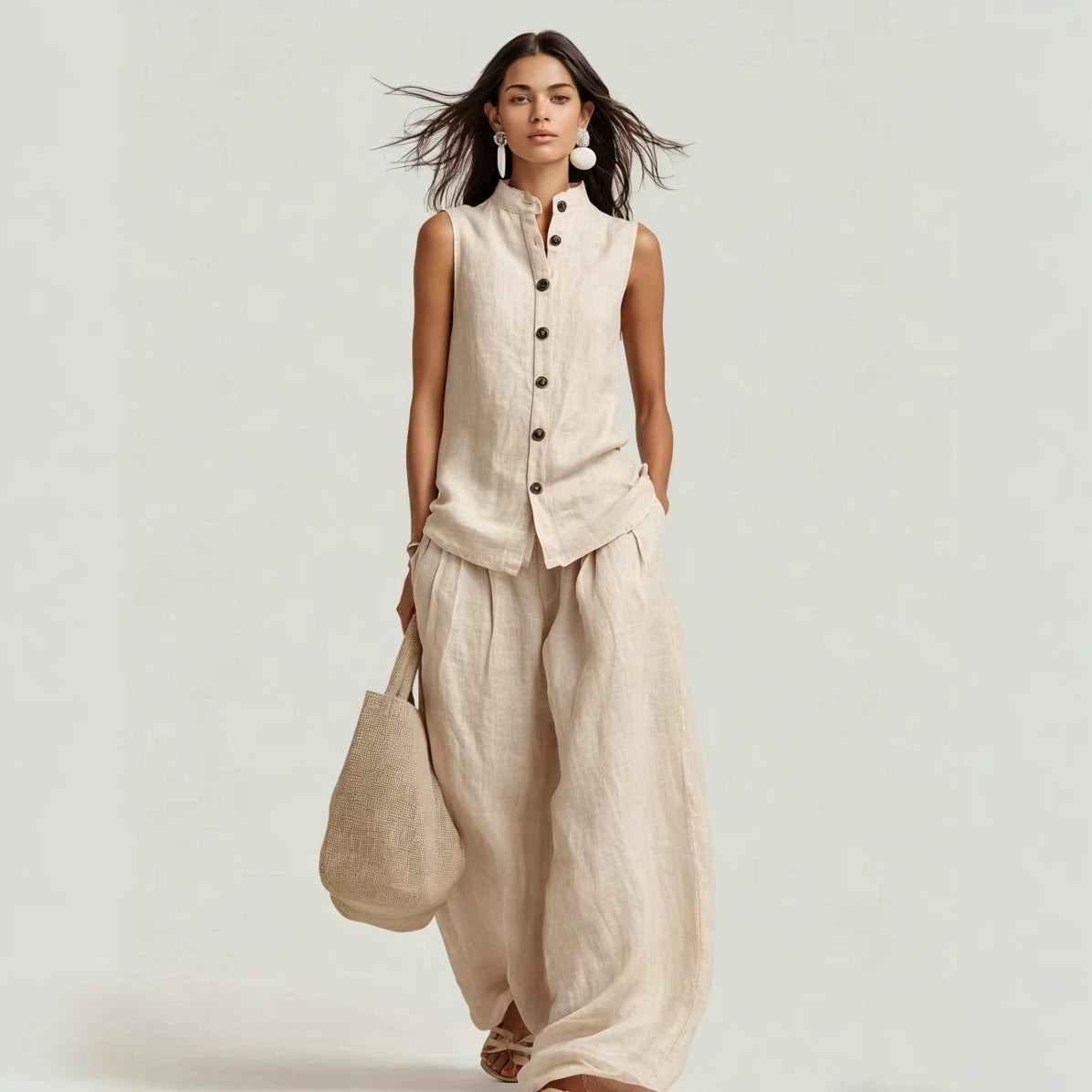 Stand-up Collar Sleeveless Shirt And High-waisted Wide-leg Pants Set 