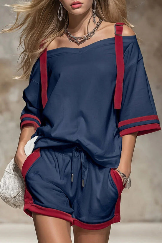 Summer Contrast-Colored Women's Patchwork Casual Shorts Set 