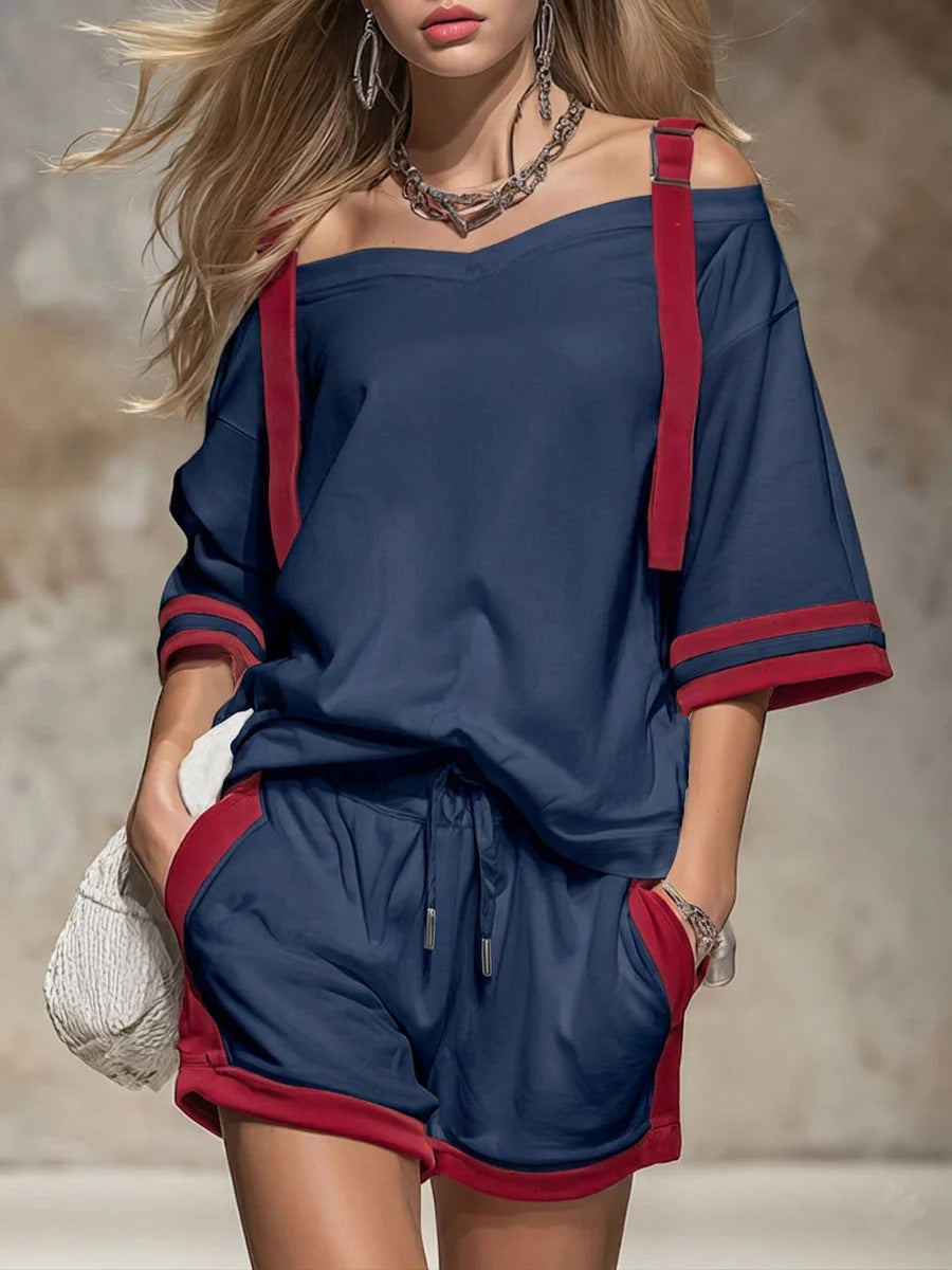 Summer Contrast-Colored Women's Patchwork Casual Shorts Set 