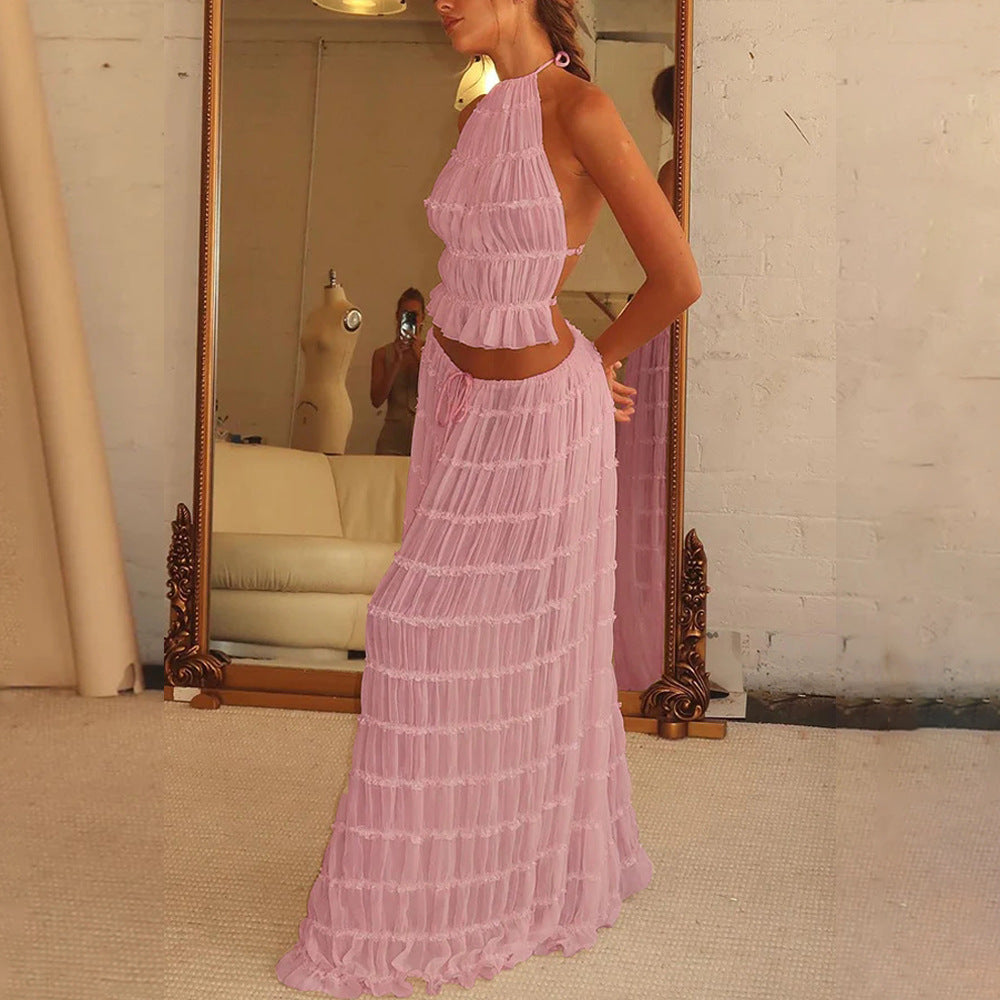 2pcs Women's Dress Suit Sexy Sleeveless Backless Cropped Halter Top And Pleated Long Skirt Beach Clothing FitiqueFit