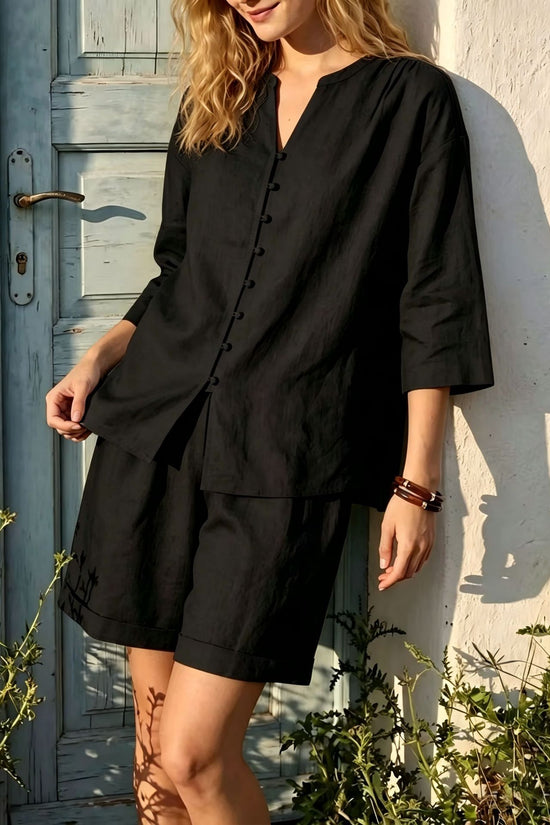 Womens V-neck Top And High-Waist Wide-Leg Shorts Set 