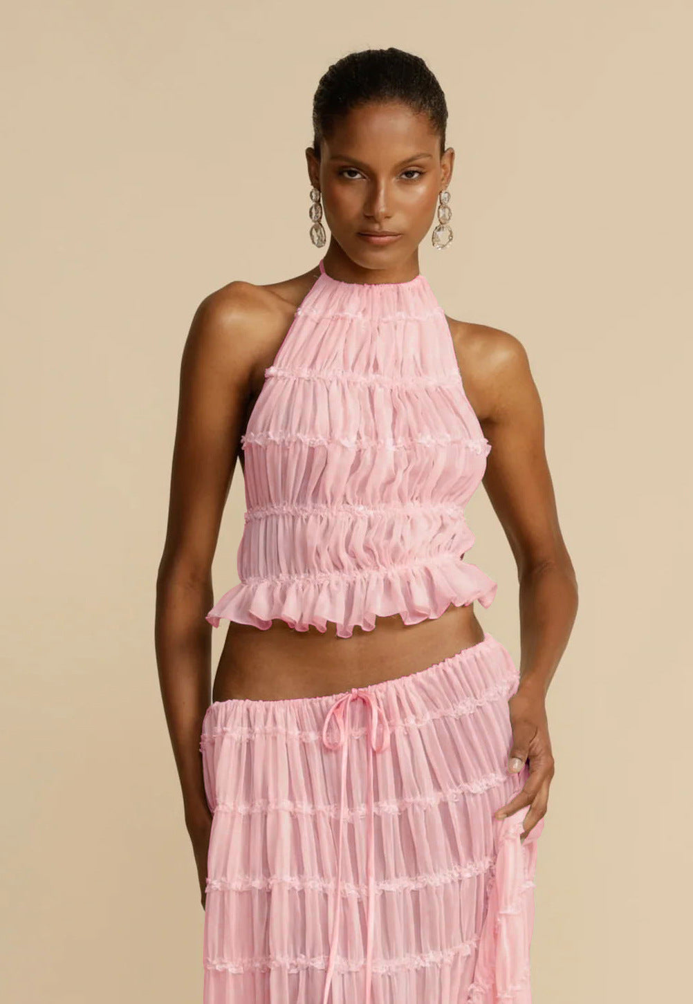 2pcs Women's Dress Suit Sexy Sleeveless Backless Cropped Halter Top And Pleated Long Skirt Beach Clothing FitiqueFit