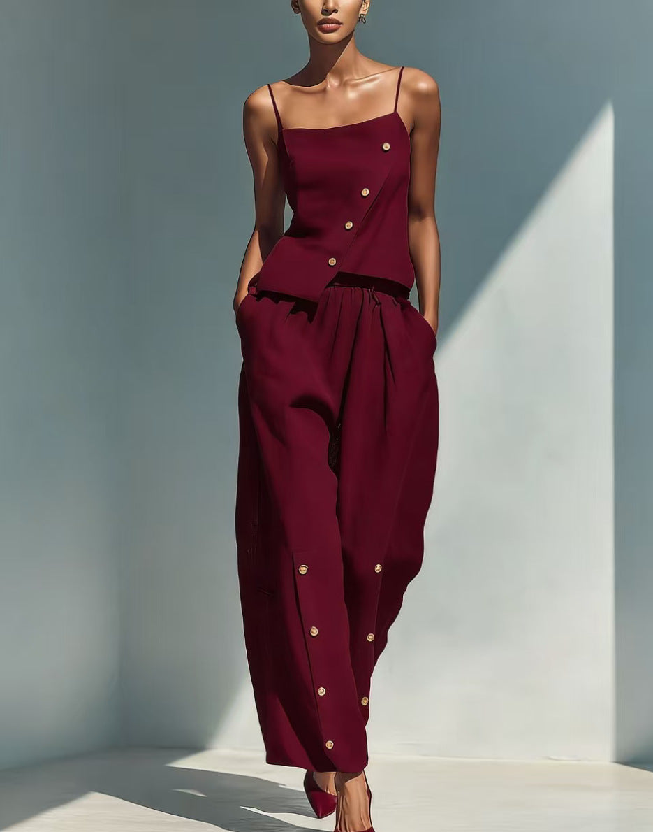 Gold-buckle Decorated Camisole And Pants Set 