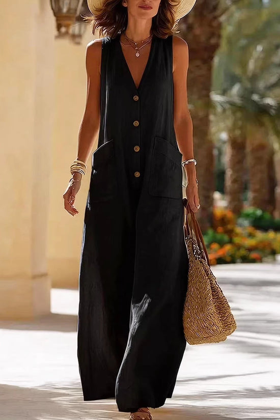 Simple And Comfortable Cotton-Linen Sleeveless Wide-Leg Jumpsuit With Button Pockets 