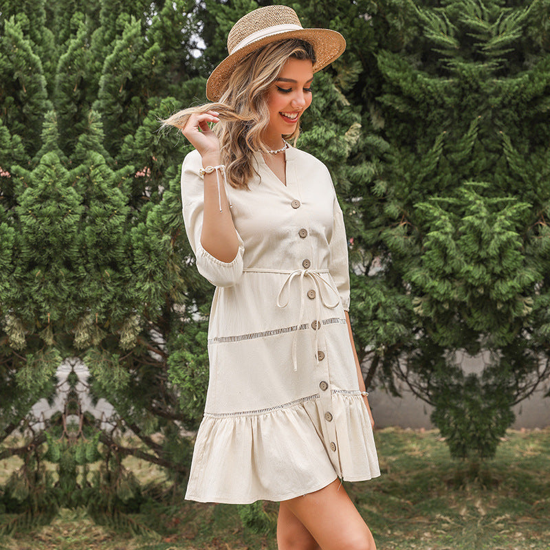 Womens Short Cotton-Linen Fashionable Casual Dress 