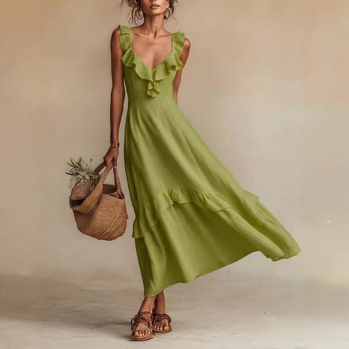 Elegant And Chic Cotton-Linen Dress With Ruffled Flutter Sleeves And A Flowing Hem 