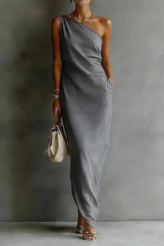 Elegant Satin Off-shoulder Draping Slim-fit Maxi Dress 