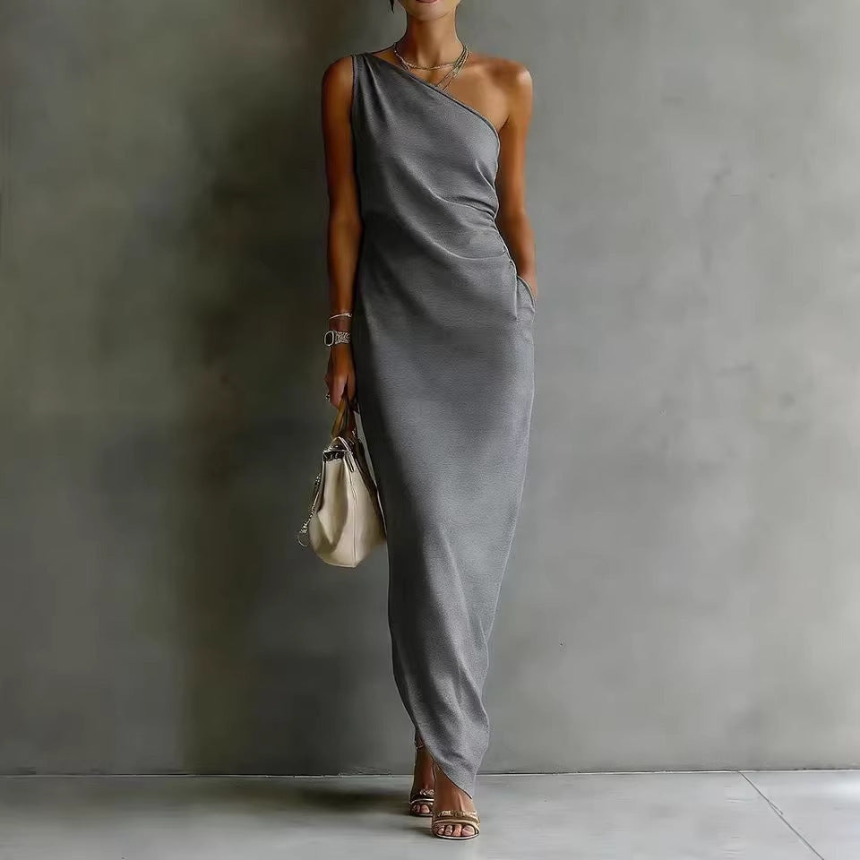 Elegant Satin Off-shoulder Draping Slim-fit Maxi Dress 