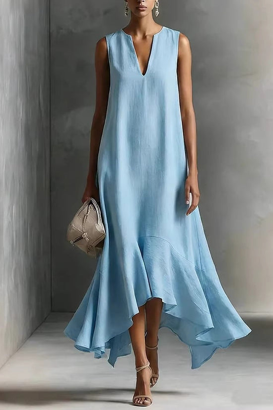 New Stylish Deep V-Neck Sleeveless Elegant Asymmetrical Hemline Dress 