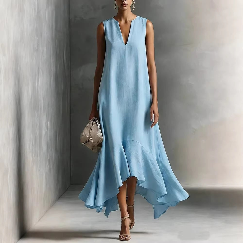 New Stylish Deep V-Neck Sleeveless Elegant Asymmetrical Hemline Dress 