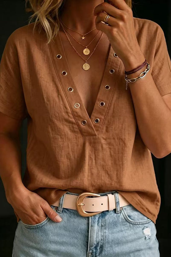 Loose-fitting Casual V-neck Short-sleeve Solid-color Womens Shirt 