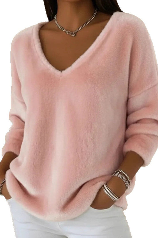 New Womens Plush Pullover With A Drop-shoulder V-neck And Long Sleeves 