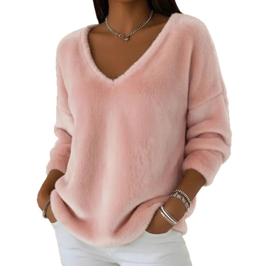 New Womens Plush Pullover With A Drop-shoulder V-neck And Long Sleeves 