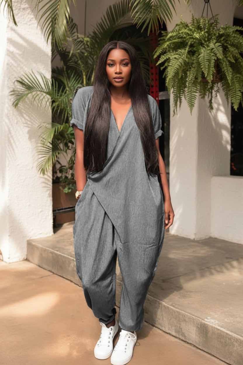Fashionable Womens Loose V-Neck Jumpsuit 