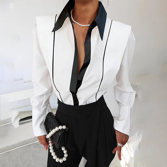 Women’s Black White Colorblock Shirt – Elegant Office Button Down Blouse CJ US