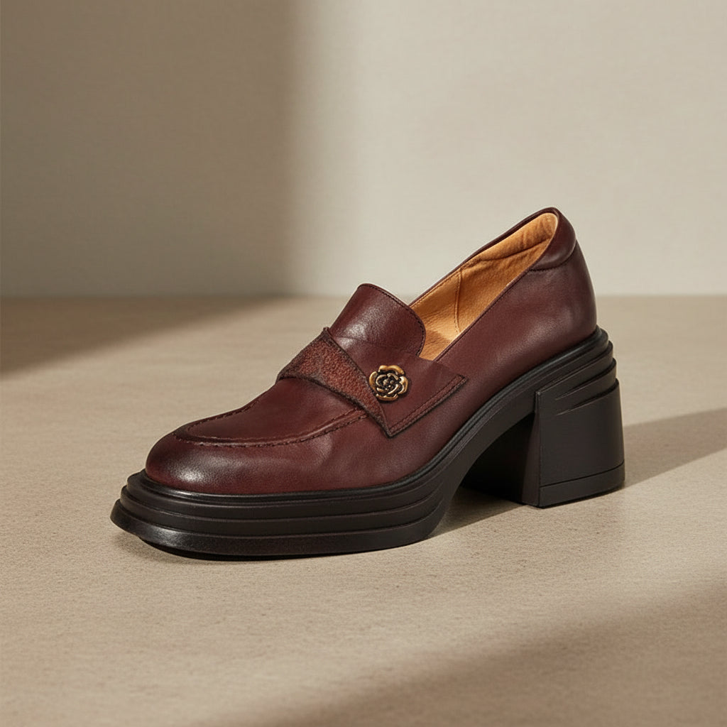 Vintage Womens Chunky-heeled Leather Shoes 
