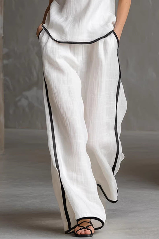 Sleeveless V-Neck Black Trim Contrast Color Simple Womens Top And Wide-Leg Pants Set 