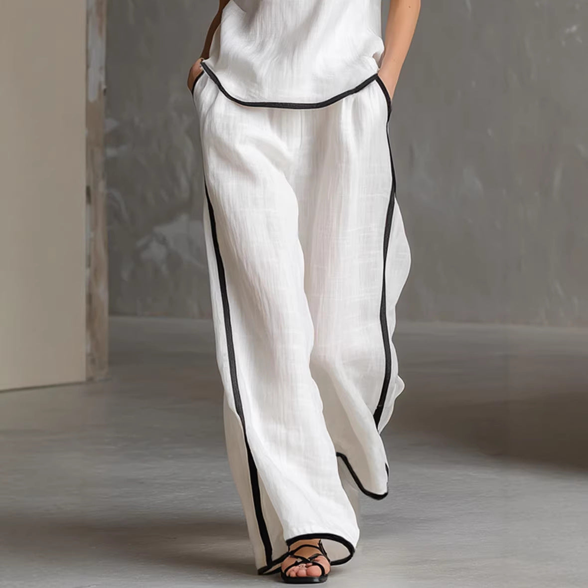 Sleeveless V-Neck Black Trim Contrast Color Simple Womens Top And Wide-Leg Pants Set 