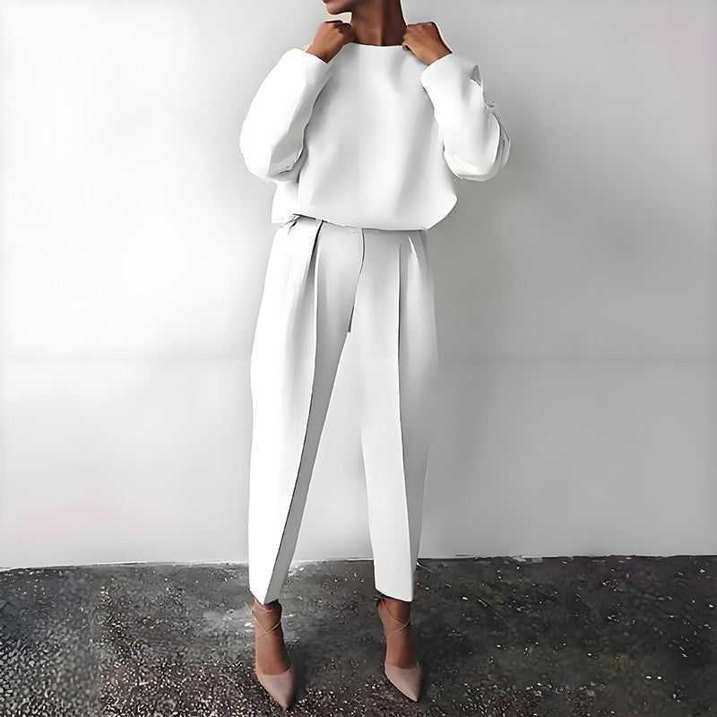 Women's Solid Color 2-Piece Set Round Neck Long Sleeve Top & Pleated Pants Loungewear For Spring & Fall CJ US