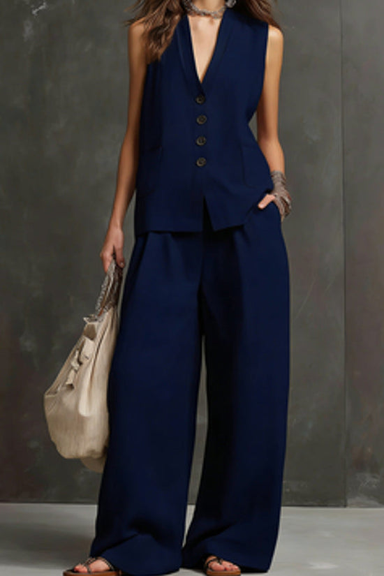 Women's Linen 2-Piece Outfit, Sleeveless Vest & Wide Leg Pants Set 