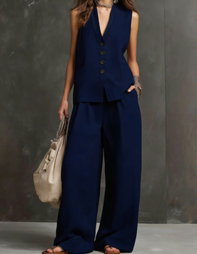 Women's Linen 2-Piece Outfit, Sleeveless Vest & Wide Leg Pants Set 