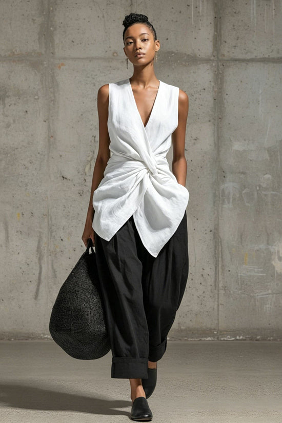 Waist-cinching Tie-front V-neck Sleeveless Top Wide-leg Pantsuit 