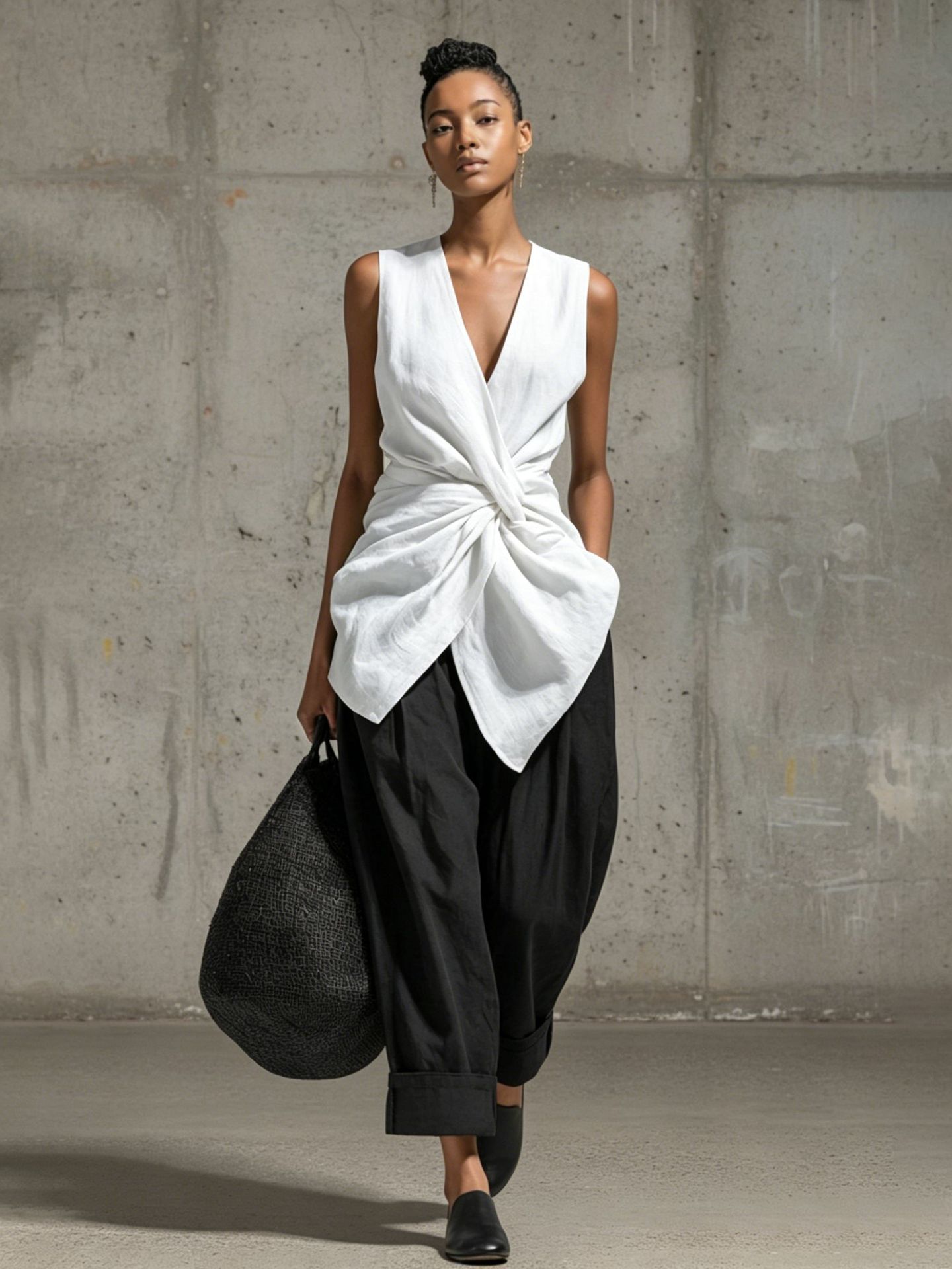 Waist-cinching Tie-front V-neck Sleeveless Top Wide-leg Pantsuit 
