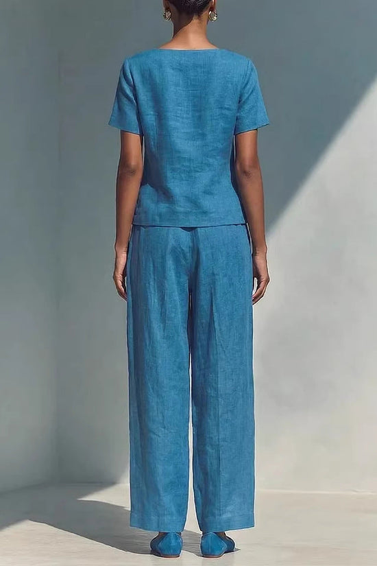 Womens Loose Short-Sleeve Top And High-Waist Pants Two-Piece Set 