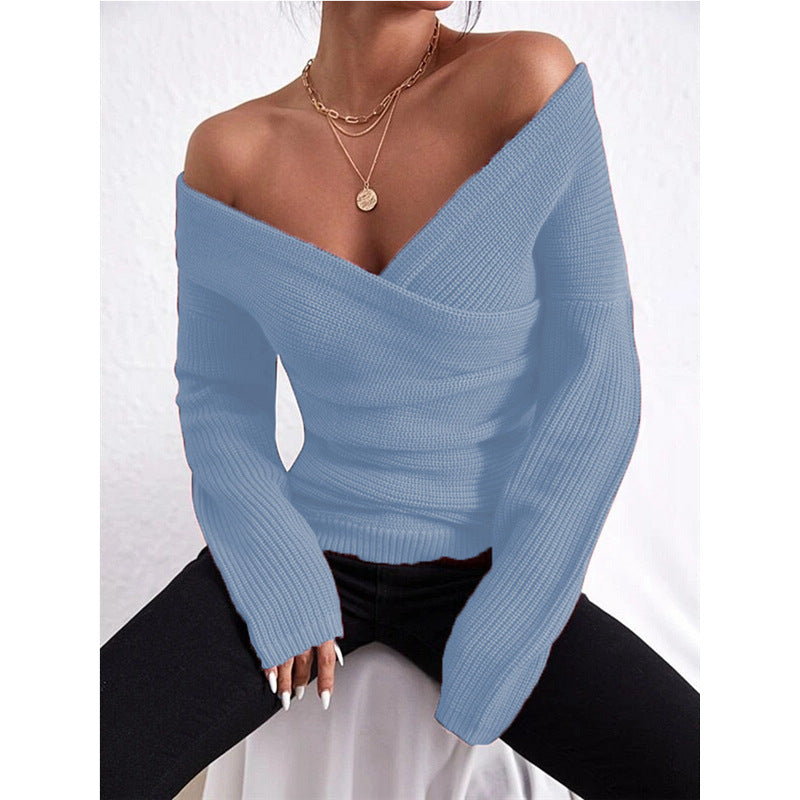 Crew-neck Off-shoulder Casual Cross-over Fitted Knit Sweater 