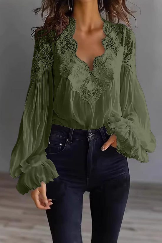 Lace-panelled Ruffled Puff-sleeve Pleated Shirt 