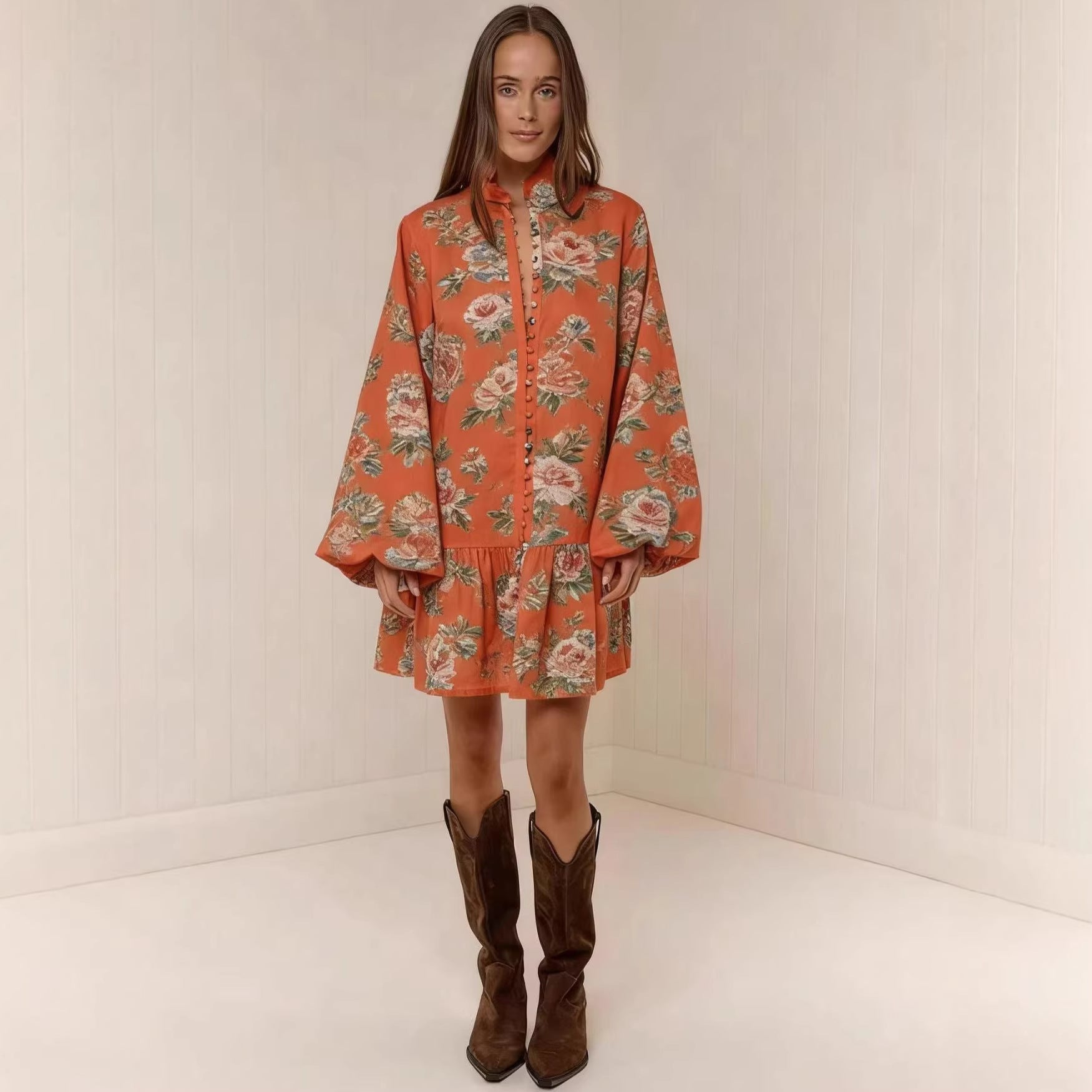 Digital-print Lantern Sleeve Linen Midi Dress 