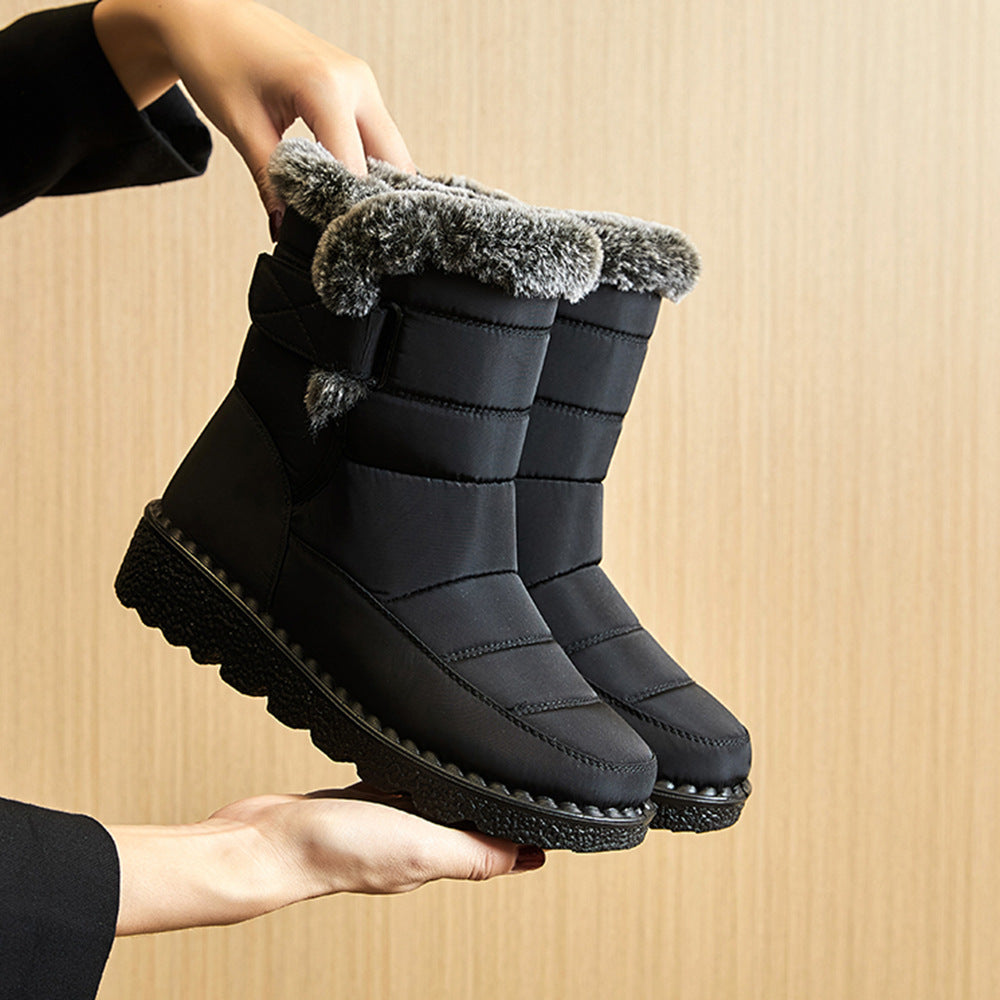 Snow Boots Winter Warm Hook And Loop Fastener Plush Shoes Women Waterproof Low Heels Platform Ankle Boots 