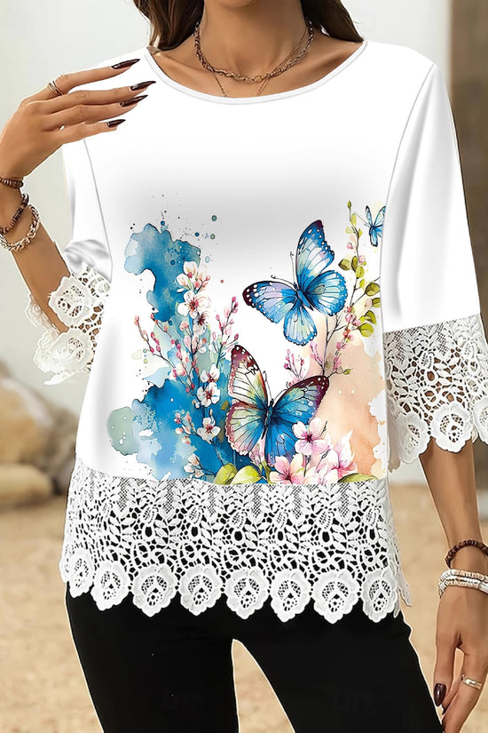 Lace-printed Three-quarter-sleeve T-shirt Top For Women 