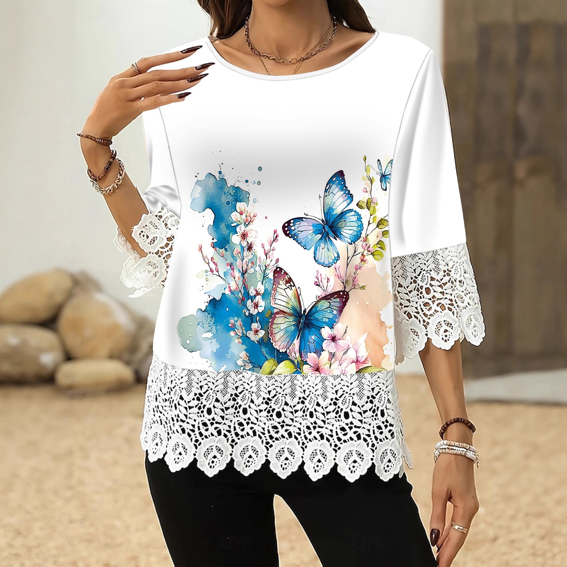 Lace-printed Three-quarter-sleeve T-shirt Top For Women 
