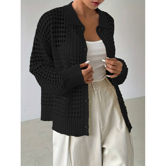 Women's Plus Size Cardigan Lightweight Hollow Out V-Neck Button Down Long Sleeve Knit Coat, 0XL-4XL CJ US