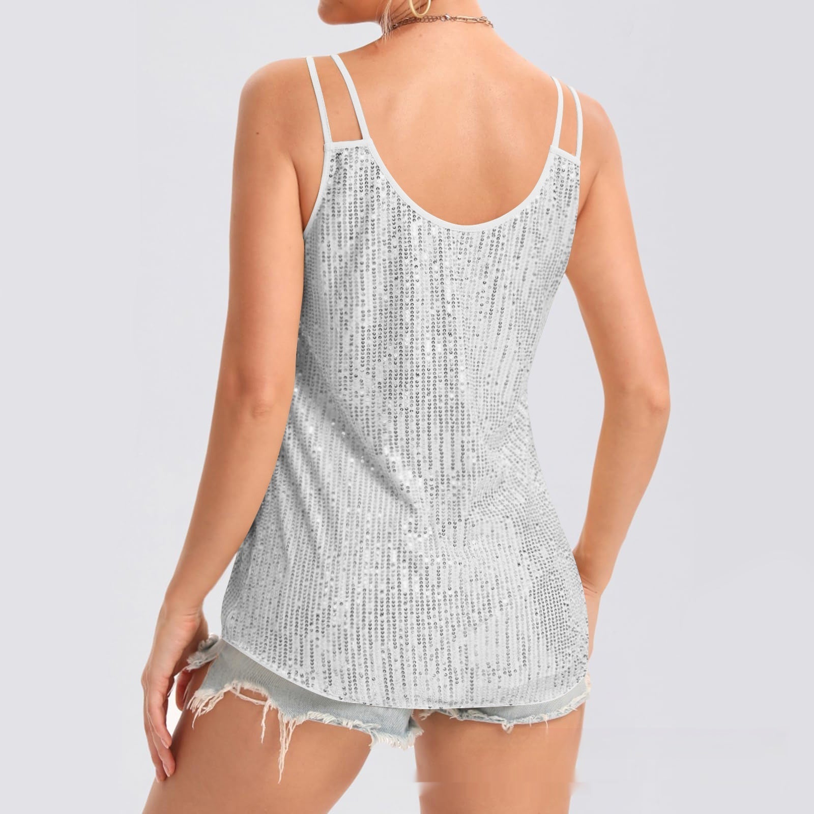 Sequin V-Neck Camisole – Rhinestone Strap Sparkly Top 