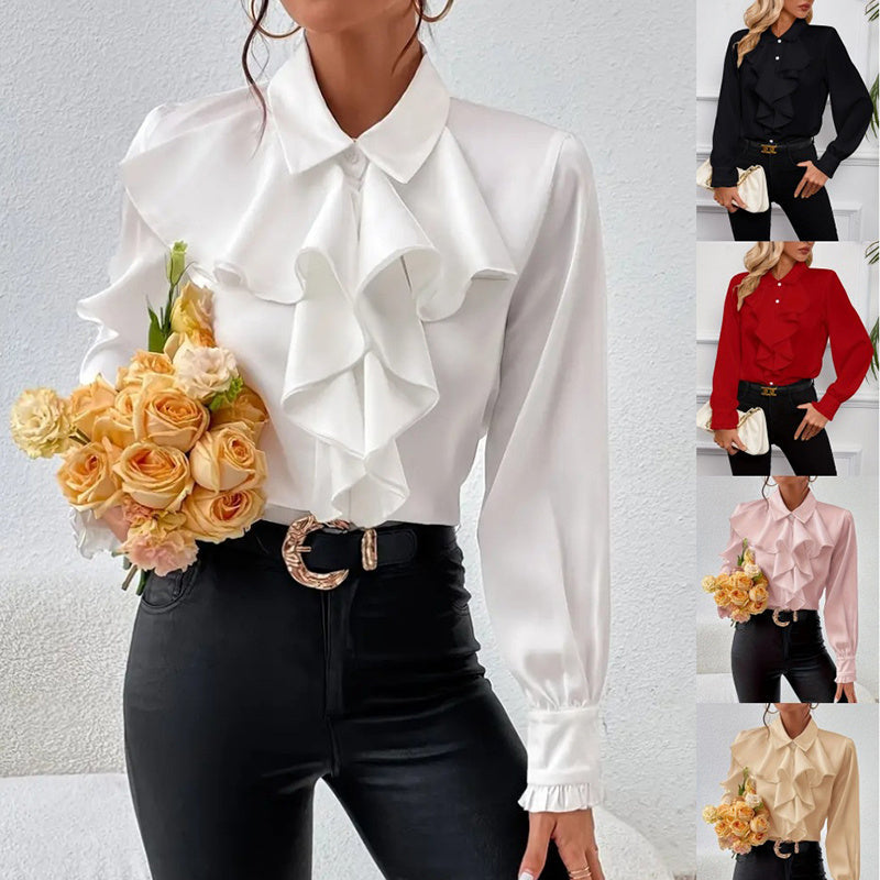 Women's Ruffled Collared Blouse, Long Sleeve Dressy Casual Shirt, Fall Business Casual Work Tops CJ US