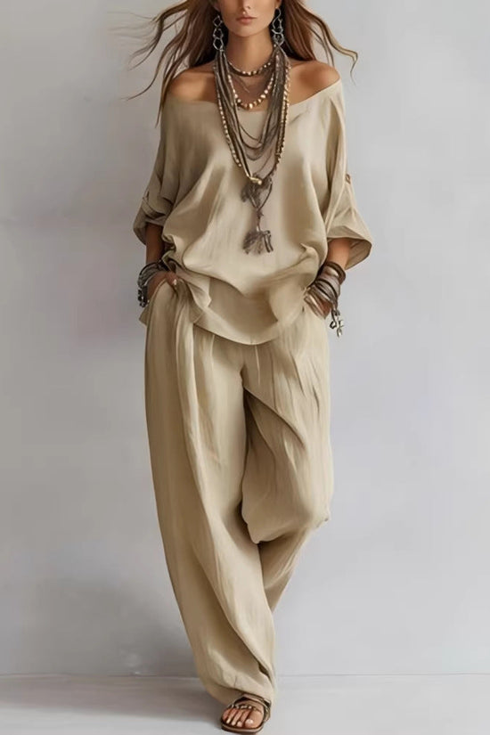 Off-Shoulder Cotton-Linen Wide-Leg Pants Set – 6 Colors, S–5XL 