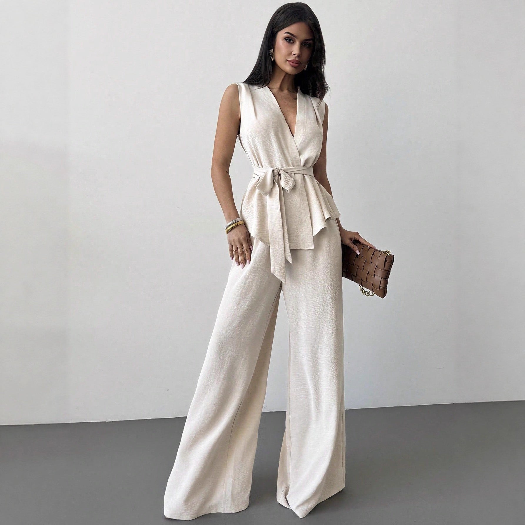 Lace-up V-neck Vest Top And Pants Two-piece Set 