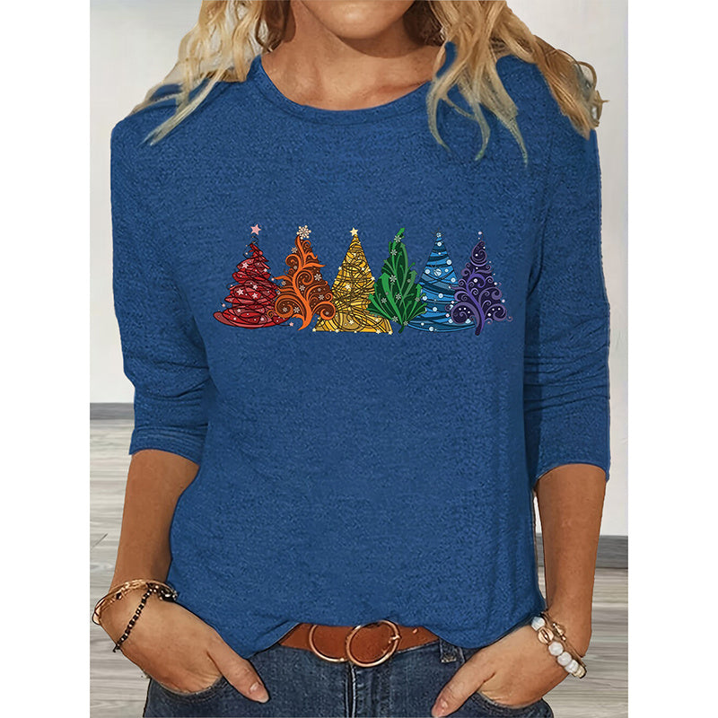 Christmas Shirts For Women, Cute Christmas Tree Graphic Long Sleeve T-Shirt, Funny Holiday Xmas Top For Party, Family Matching PJ Outfit CJ US