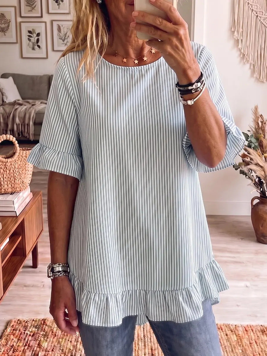 Womens Striped Loose-fit Casual Ruffled-edge Blouse 