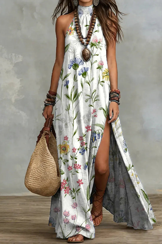 Split Sleeveless Multicolored Printed Maxi Dress 