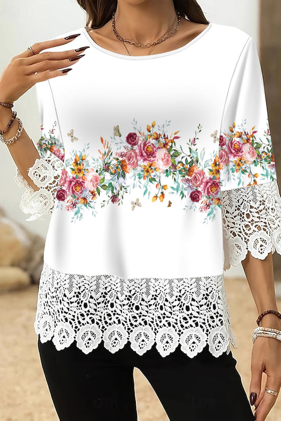 Lace-printed Three-quarter-sleeve T-shirt Top For Women 